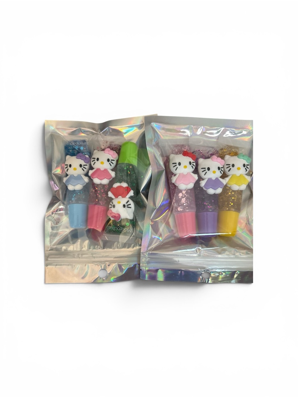 Hello Kitty Glitter Lip Gloss Trio Packs - Pink, Purple, Blue, Yellow, Green